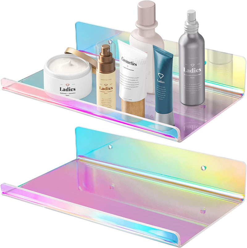Nihome Iridescent Acrylic Floating Shelves with Edge 2-Pack Medium, Wall Mounted 7.9"X4.5" Rainbow Ledge Shelf Adhesive & Screw Mount Phone Holder Shelf for Bathroom Kitchen Bedroom Office Home Décor Furniture > Shelving > Wall Shelves & Ledges NiHome   