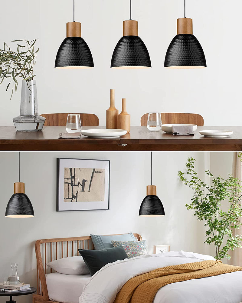 ELYONA Industrial Pendant Light, Wood Hanging Lamp with Hammered Metal Shade, 10.2" Modern Pendant Light Fixtures for Kitchen, Farmhouse, Dining Room, Coffee Bar, Bedroom, Living Room, Hollway - Black Home & Garden > Lighting > Lighting Fixtures ELYONA   