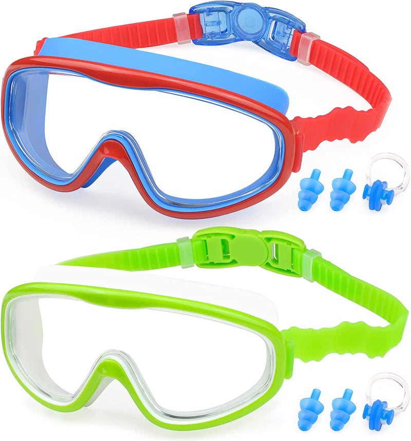 KAILIMENG Kids Swim Goggles, 2 Pack Swimming Goggles for Age 3-15, Anti-Fog Anti-Uv Cear Wide View Sporting Goods > Outdoor Recreation > Boating & Water Sports > Swimming > Swim Goggles & Masks KAILIMENG 2b.red Blue & Green  