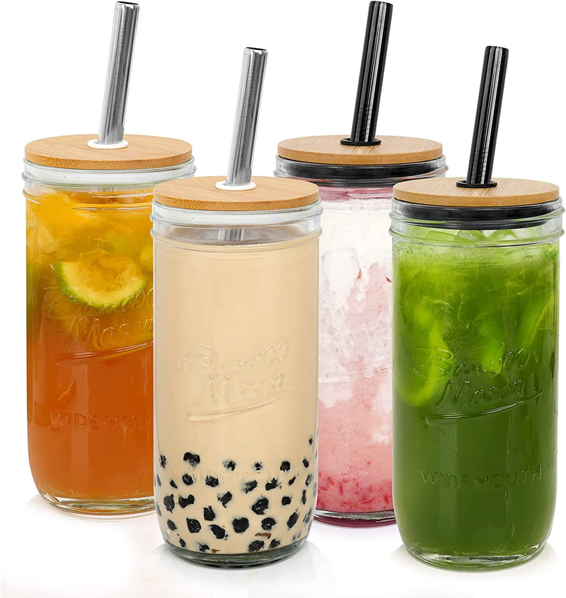 Mason Jar with Lid and Straw, ANOTION 32Oz Wide Mouth Boba Cup Reusable Drinking Glasses Tumbler Smoothie Water Bottles for Iced Coffee Margaritas Ice Cream Juice Cocktail Travel Office Home Home & Garden > Kitchen & Dining > Tableware > Drinkware ANOTION 4 Jars: Upgrade Bamboo Lid+Black Silver Straw  