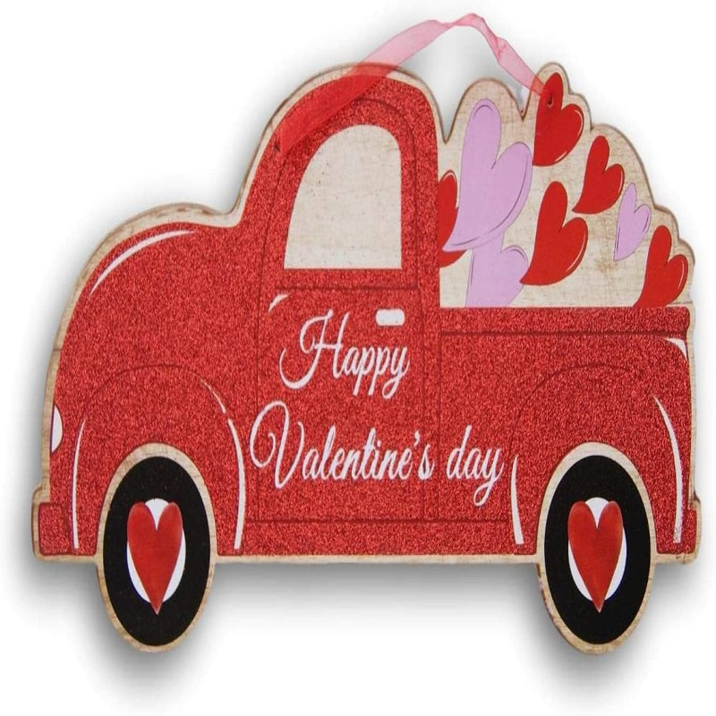 Happy Valentines Day Truck Glittery Red Decor Sign with Ribbon Hanger - 15.5 X 8 Inches Home & Garden > Decor > Seasonal & Holiday Decorations BcTlyInc   