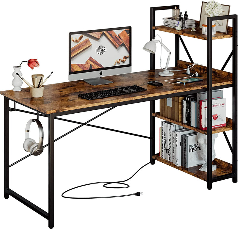 IRONCK Computer Desk 47" with Power Outlet & Storage Shelves, Study Writing Table with USB Ports Charging Station, PC Desk Workstation for Home Office, Black Home & Garden > Household Supplies > Storage & Organization IRONCK Rustic Brown 55 inches 