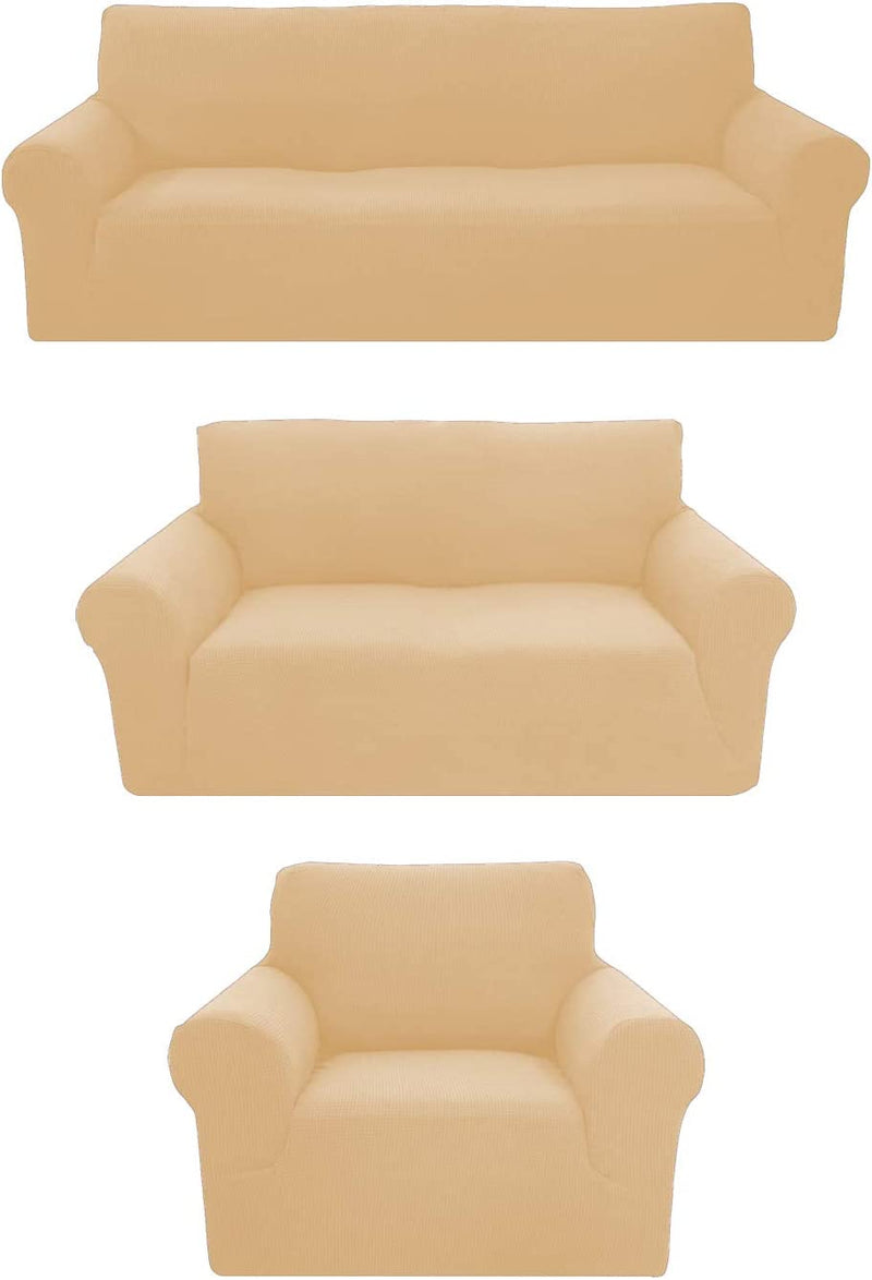 Sapphire Home 3-Piece Brushed Premium Slipcover Set for Sofa Loveseat Couch Arm Chair, Form Fit Stretch, Wrinkle Free, Furniture Protector Set for 3/2/1 Cushion, Polyester Spandex, 3Pc, Brushed, Brown Home & Garden > Decor > Chair & Sofa Cushions Sapphire Home Beige/Cream 3pc set (Sofa, Love, Chair) 