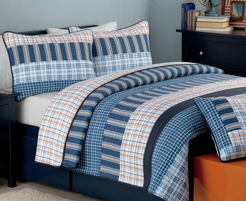 Cozy Line Home Fashions Benjamin Cute Dinosaur Plaid Printed Pattern Navy Blue White Grey Bedding Quilt Set 100% Cotton Reversible Coverlet Bedspread Set for Kids Boy (Queen - 3 Piece) Home & Garden > Linens & Bedding > Bedding Cozy Line Home Fashions Navy Orange-cotton Twin 