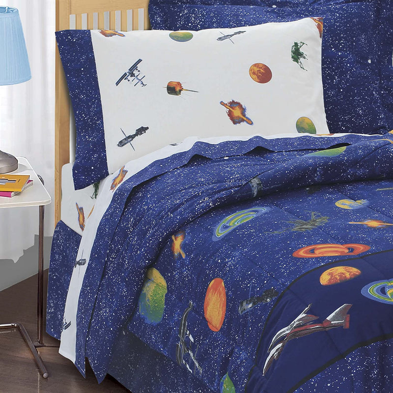 Dream Factory Kids 6-Piece Complete Set with Bedskirt Easy-Wash Super Soft Comforter Bedding, Twin, Blue Outer Space Satellites Home & Garden > Linens & Bedding > Bedding CHMJE   