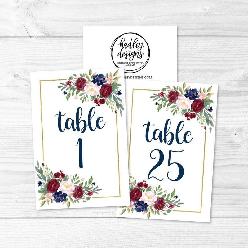 1-25 Burgundy Floral Table Number Double Sided Signs for Wedding Reception, Restaurant Birthday Party Set Calligraphy Printed Numbered Card Centerpiece Decoration Setting Reusable Frame Stand 4X6 Size Home & Garden > Decor > Seasonal & Holiday Decorations Hadley Designs   