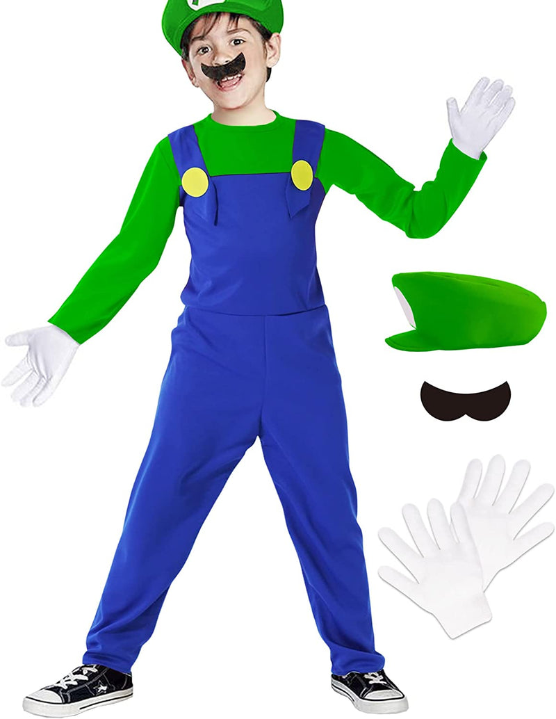 Oskiner Plumber Costume for Kids-Halloween Kids Cosplay Jumpsuit with Accessory  Oskiner Green Xs(Height35-35") 