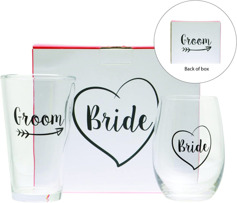 Cute Wedding Gifts - Bride and Groom Novelty Wine Glass and Beer Glass Combo - Engagement Gift for Couples