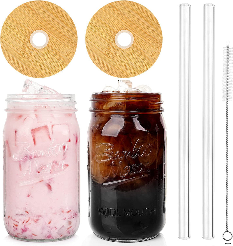 Mason Jar with Lid and Straw, ANOTION 32Oz Wide Mouth Boba Cup Reusable Drinking Glasses Tumbler Smoothie Water Bottles for Iced Coffee Margaritas Ice Cream Juice Cocktail Travel Office Home Home & Garden > Kitchen & Dining > Tableware > Drinkware ANOTION 2 32OZ Jars: Upgrade Bamboo Lid+Glass Straw  