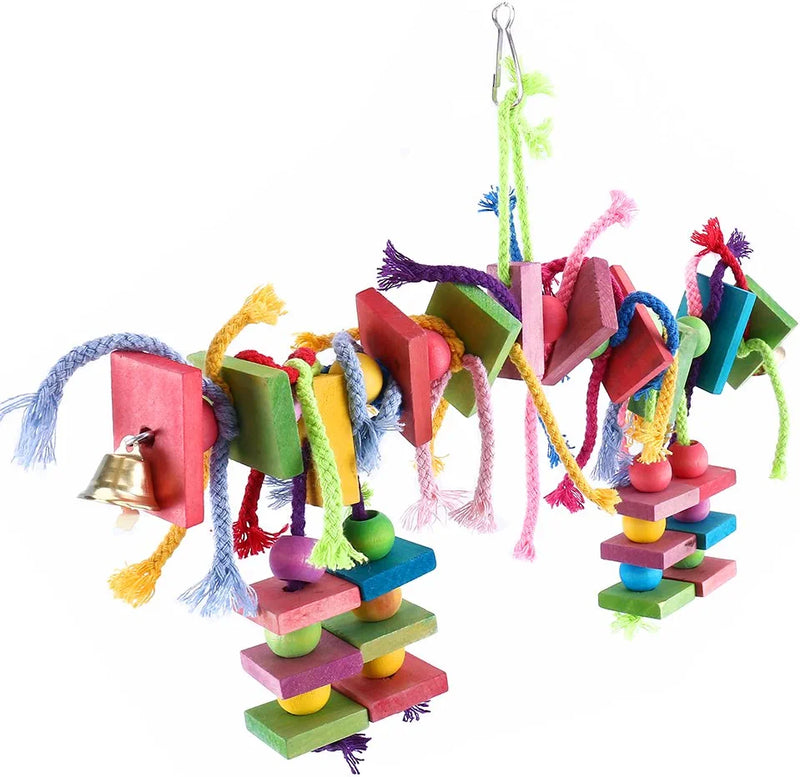 LITTLEGRASS Bird Chew Toy with Bells Knots Block Parrot Chewing Toys Natural Colorful Wooden Cage Perch Accessories Hanging Decorative for Parrots African Grey Cockatiels Parakeets Conures Lovebirds Animals & Pet Supplies > Pet Supplies > Bird Supplies > Bird Toys Littlegrass   