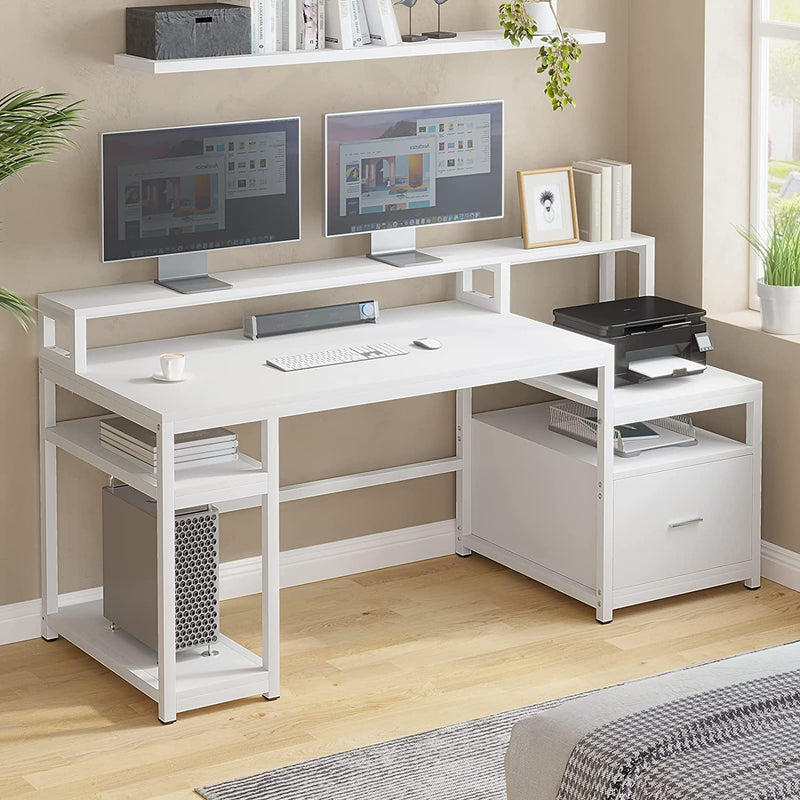 SEDETA Computer Desk with File Cabinet Drawer and Storage Shelves, 66'' Large Home Office Desk with Hutch and Printer Shelf, Computer Table Study Writing Desk Workstation with Monitor Shelf, White Home & Garden > Household Supplies > Storage & Organization SEDETA   