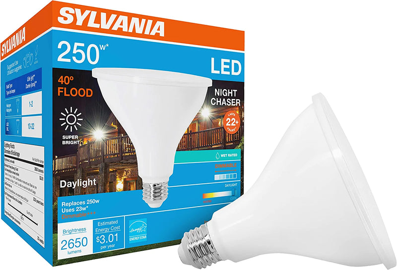 SYLVANIA Night Chaser LED PAR38 Light Bulb, 250W=25W, Dimmable, Super Bright 2650 Lumen, 3000K, Neutral White - 1 Pack (74793) Home & Garden > Lighting > Night Lights & Ambient Lighting LEDVANCE Daylight 250W=25W 1 Count (Pack of 1)