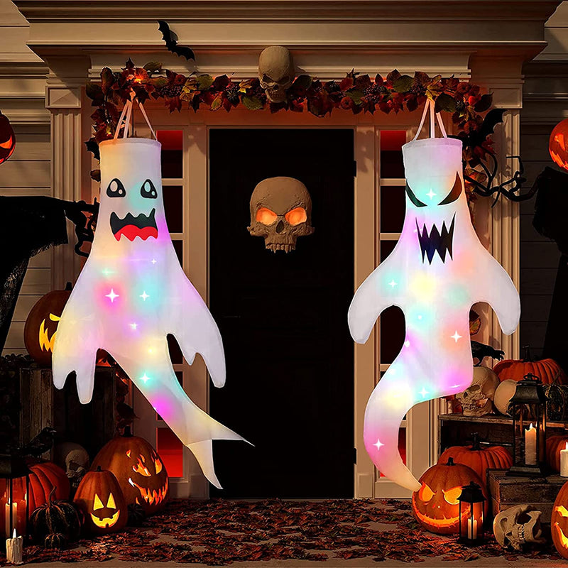 2Pcs 47" Halloween Ghost Windsocks Decorations with LED Light Outdoor Halloween Decorations Hanging Ghost Windsocks Décor for Halloween  Tepoobea   