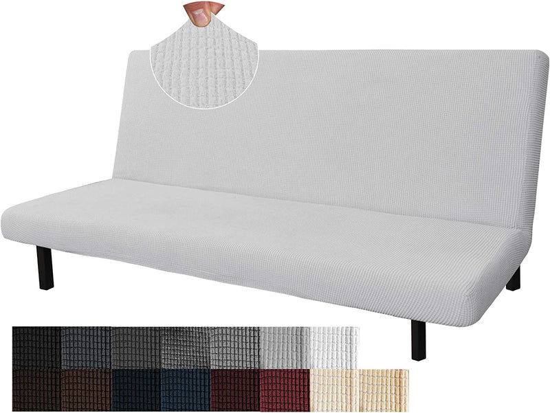 JIVINER Stretch Futon Cover Universal Armless Sofa Slipcover Non Slip Spandex Sofa Bed without Armrest Cover Soft Spandex Futon Slipcover with Elastic Bands (Futon, Beige) Home & Garden > Decor > Chair & Sofa Cushions JWN E-Commerce Light Gray and White Futon 