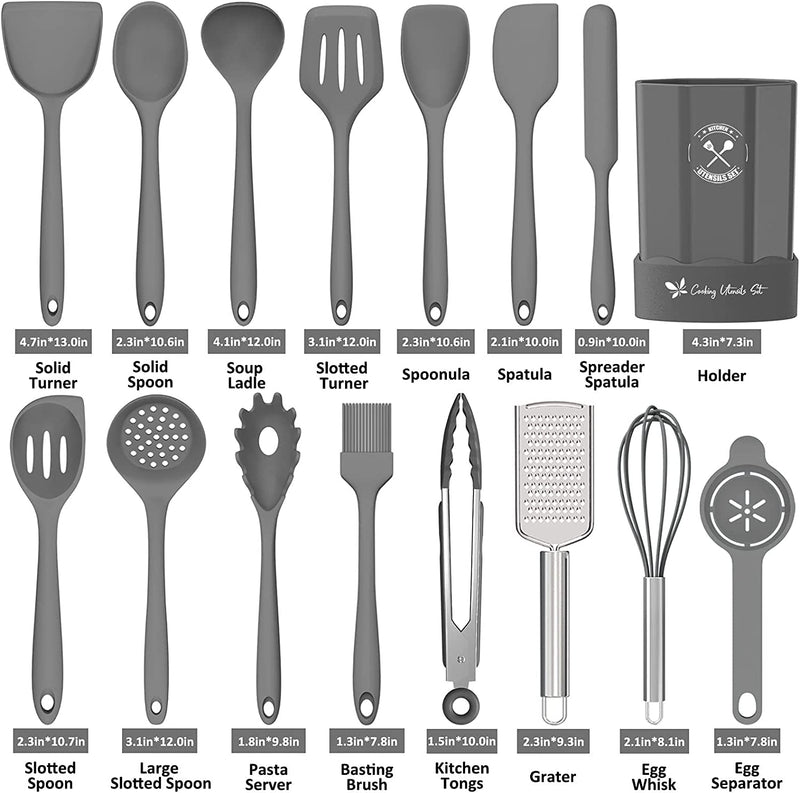 Silicone Kitchen Utensils Set, 16-Piece Silicone Cooking Utensils by Deedro, Heat Resistant Kitchen Tools Set with Holder, Nonstick Spatula Kitchen Gadgets for Cooking & Baking, Gray