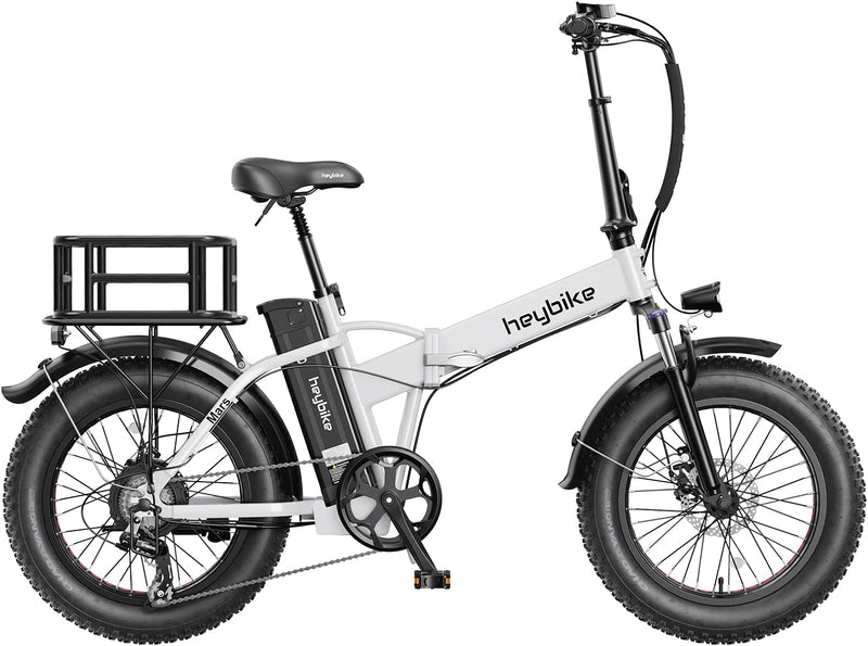 Heybike Mars Electric Bike Foldable 20" X 4.0 Fat Tire Electric Bicycle with 500W Motor, 48V 12.5AH Removable Battery and Dual Shock Absorber for Adults Sporting Goods > Outdoor Recreation > Cycling > Bicycles Heybike White With Rear Basket 