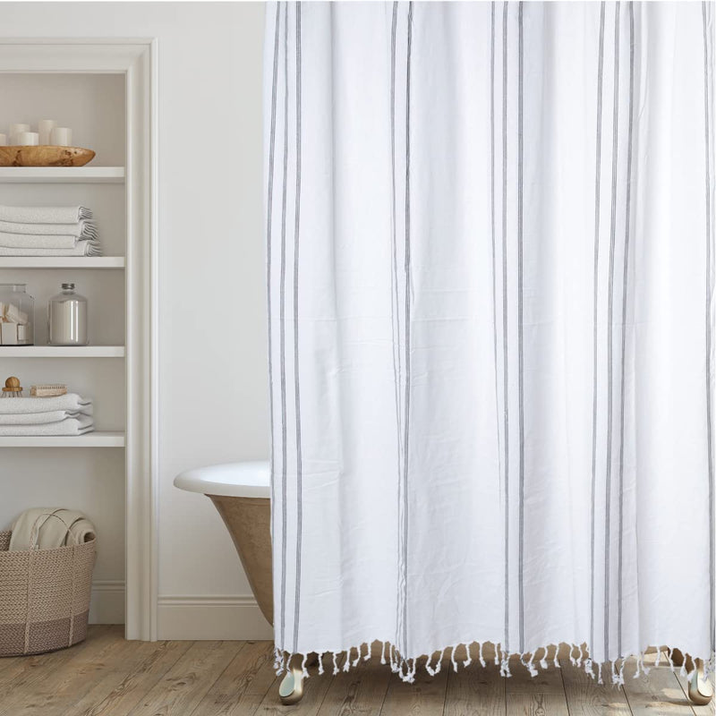 HALL & PERRY Modern Transitional White Stripe Shower Curtain with Tassels - Vertical Black Lines Striped 100% Cotton, 72" X 72" Sporting Goods > Outdoor Recreation > Fishing > Fishing Rods HALL & PERRY Combo Black 72"x72" 