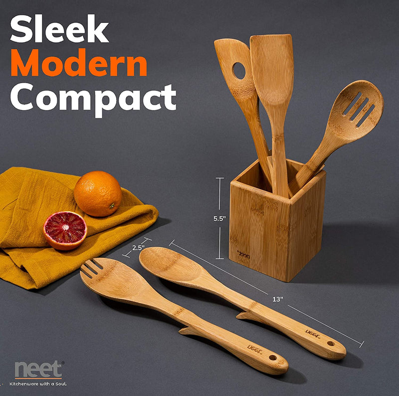 NEET Elevated Wooden Spoons for Cooking 6 Piece Organic Bamboo Utensil Set with Holder Wood Kitchen Utensils Spatula Spoon for High Heat Stirring in Nonstick Pots & Pans Quality Gift & Everyday Use