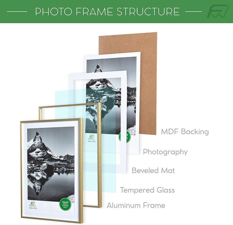 Frameworks 11”X14” Matted to 8”X10” – Deluxe Brass Gold Aluminum Contemporary Picture Frame with Tempered Glass and Removable Mat Home & Garden > Decor > Picture Frames FrameWorks   