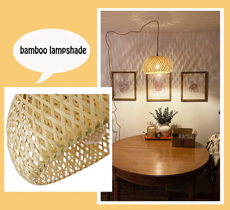 Plug in Pendant Light Rattan Hanging Lamp with Dimmable Switch 14Feet Hemp Rope Cord Bamboo Lampshade Hanging Lights Fixture with Plug in Cord