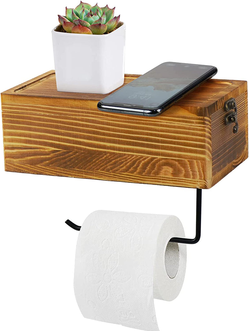 Toilet Paper Holder with Wooden Shelf and Storage, Rustic Toilet Paper Roll Holder with Flushable Wipes Dispenser, Tissue Roll Holder with Shelf and Black Metal for Bathroom and Washroom