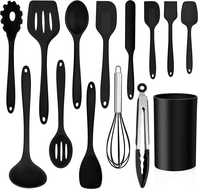 LIANYU 14 Pcs Cooking Utensils Set with Holder, Silicone Kitchen Cookware Utensils Set, Heat Resistant Cooking Gadget Tools Includes Spatula Spoon Turner Whisk Tong, Dishwasher Safe, Colorful Home & Garden > Kitchen & Dining > Kitchen Tools & Utensils LIANYU Black  