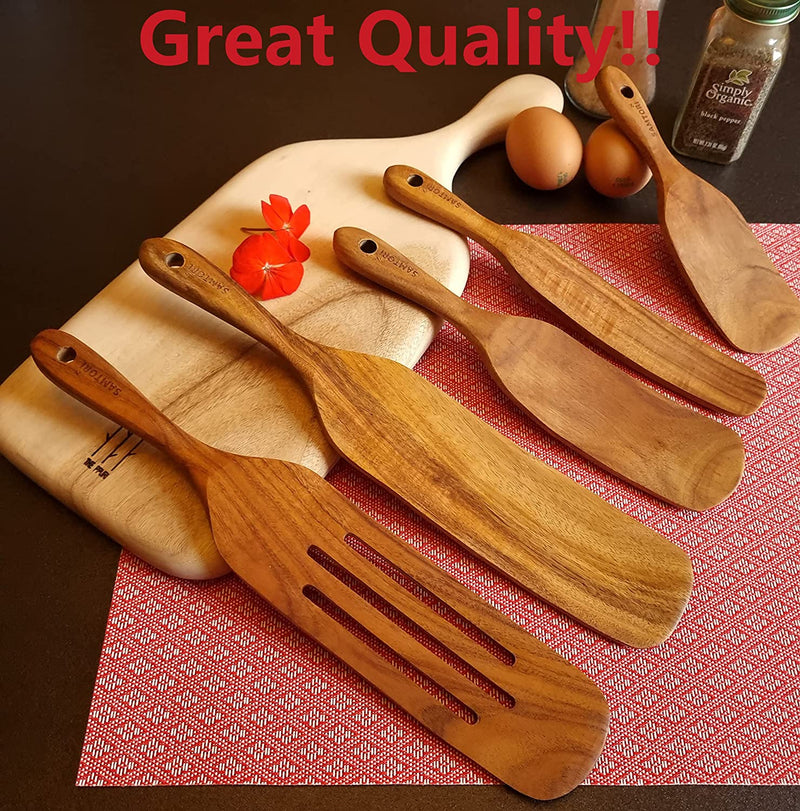 SAMTORI Wooden Cooking Spoons Spurtles Kitchen Tools as Seen on TV Premium Teak Wooden Spurdle. (5Pcs)