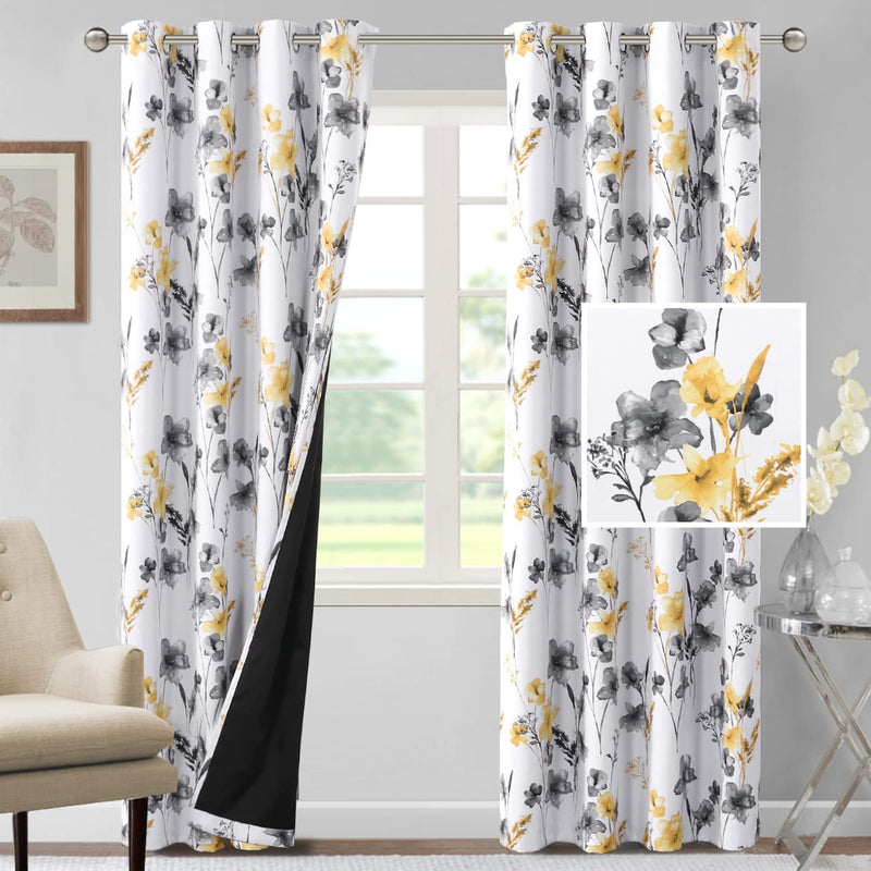 H.VERSAILTEX 100% Blackout Curtains 84 Inch Length 2 Panels Set Cattleya Floral Printed Drapes Leah Floral Thermal Curtains for Bedroom with Black Liner Sound Proof Curtains, Navy and Taupe Home & Garden > Decor > Window Treatments > Curtains & Drapes H.VERSAILTEX Grey/Yellow 52"W x 84"L 