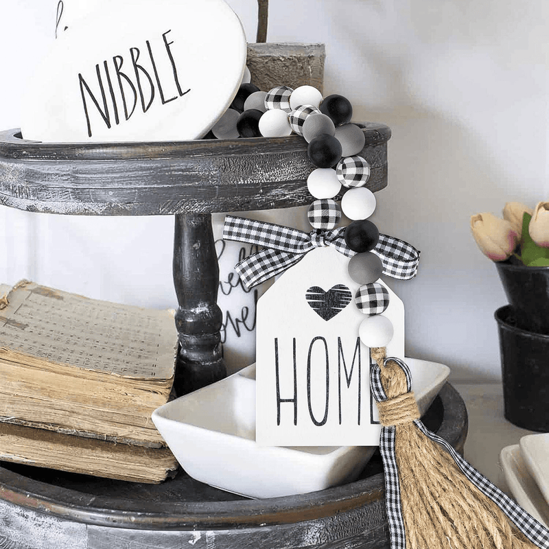2ooya R HORSE 40inch Black&White Plaid Wood Bead Garland with Tassel Rustic Farmhouse Tiered Tray Decorations Country Rustic Wall Hanging Decor Natural Wood Bead Decoration for Home Festival Home & Garden > Decor > Seasonal & Holiday Decorations 2ooya R HORSE   