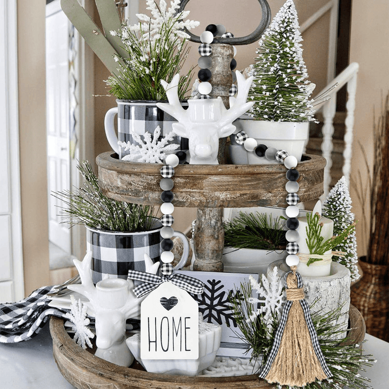 2ooya R HORSE 40inch Black&White Plaid Wood Bead Garland with Tassel Rustic Farmhouse Tiered Tray Decorations Country Rustic Wall Hanging Decor Natural Wood Bead Decoration for Home Winter Christmas Home & Garden > Decor > Seasonal & Holiday Decorations& Garden > Decor > Seasonal & Holiday Decorations 2ooya R HORSE   