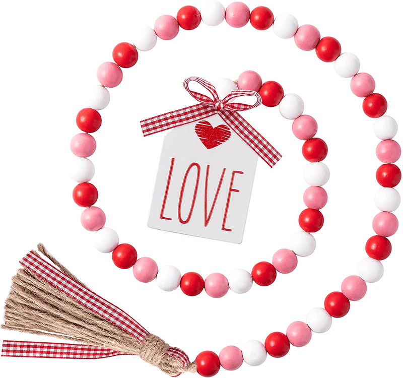 2Ooya Valentine'S Day Wood Beads Garland 41.2 Inch Valentines Rustic Red Pink Wood Bead with Jute Rope Plaid Love Tag Farmhouse Wood Beads Tiered Tray Décor for Valentine Party Home & Garden > Decor > Seasonal & Holiday Decorations 2ooya Red+pink 1 