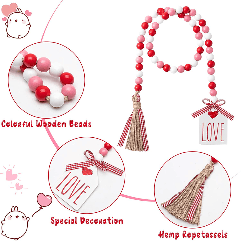 2Ooya Valentine'S Day Wood Beads Garland 41.2 Inch Valentines Rustic Red Pink Wood Bead with Jute Rope Plaid Love Tag Farmhouse Wood Beads Tiered Tray Décor for Valentine Party Home & Garden > Decor > Seasonal & Holiday Decorations 2ooya   