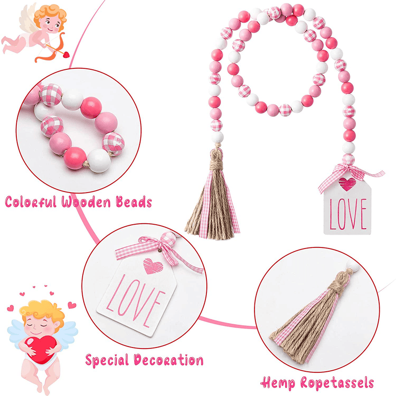 2Ooya Valentine'S Day Wood Beads Garland Tassel 41.2 Inch Valentines Farmhouse Pink Plaid Wood Bead with Jute Rope Plaid Love Tag Rustic Wood Beads Tiered Tray Wall Hanging Décor for Valentine Party Home & Garden > Decor > Seasonal & Holiday Decorations 2ooya   
