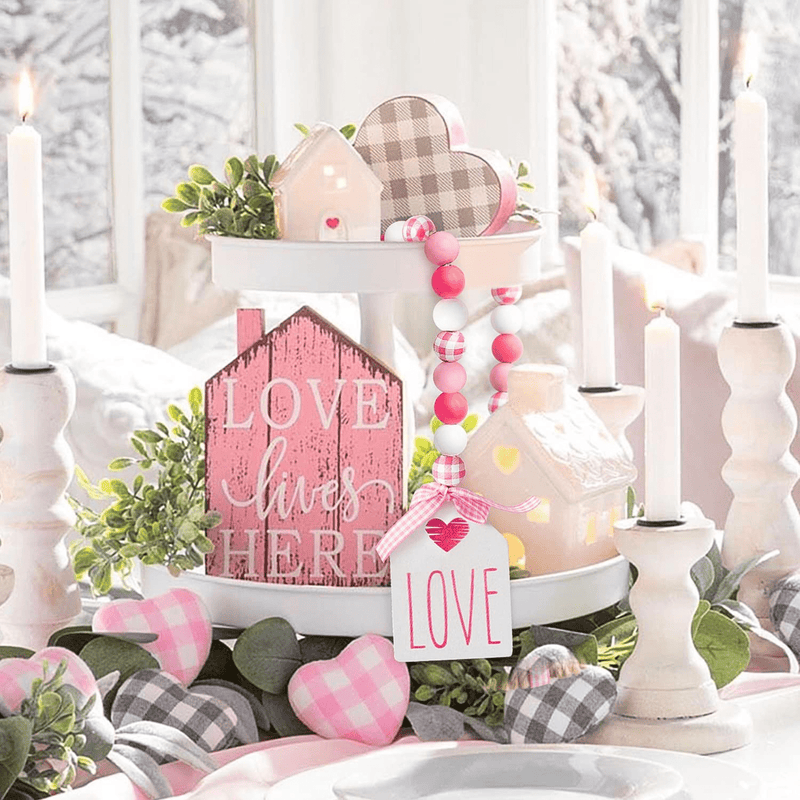 2Ooya Valentine'S Day Wood Beads Garland Tassel 41.2 Inch Valentines Farmhouse Pink Plaid Wood Bead with Jute Rope Plaid Love Tag Rustic Wood Beads Tiered Tray Wall Hanging Décor for Valentine Party Home & Garden > Decor > Seasonal & Holiday Decorations 2ooya   
