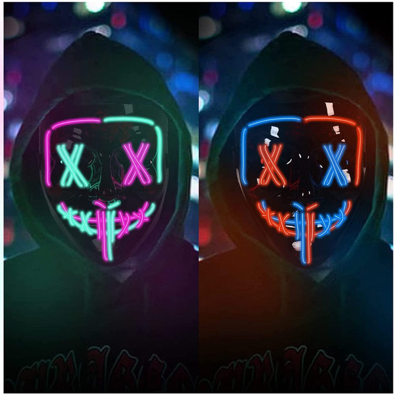 2PACK Halloween Purge Mask, Halloween Scary Mask, Halloween LED Light up Mask with 3 Light Modes for Festival Party(Bluered+Greenpink)