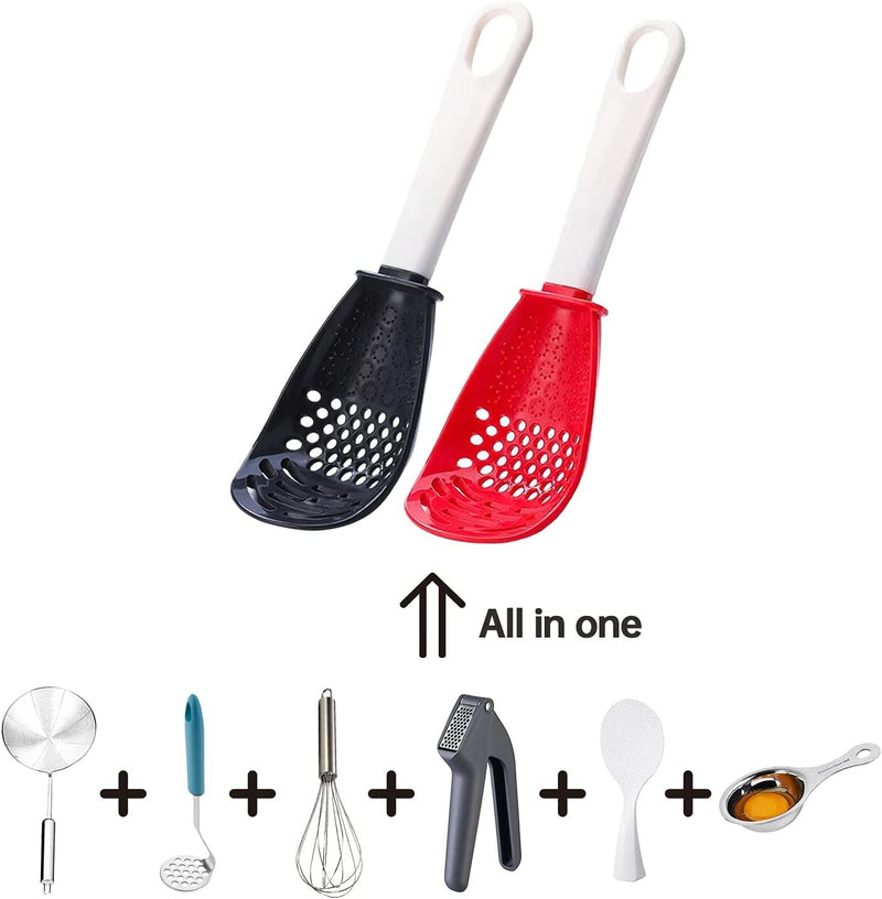 2Pack Multifunctional Kitchen Cooking Spoon, All in One Slotted Spoon for Cooking Strainer Spoon, Garlic Press Grinder Kitchen Spoons for Draining Mashing
