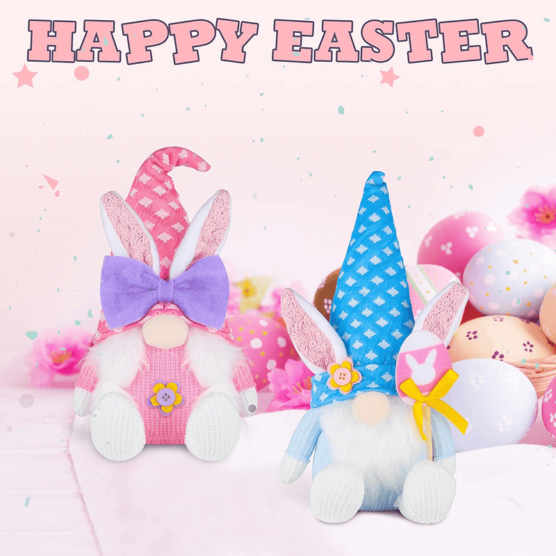 2PCS Bunny Easter Gnome Plush Easter Decorations Handmade Rabbit Dolls Easter Gifts for Kids Elf Home Ornaments for Living Room Easter Table Decor Spring Holiday Decor 14 Inches Pink and Blue Home & Garden > Decor > Seasonal & Holiday Decorations JUSTOTRY   