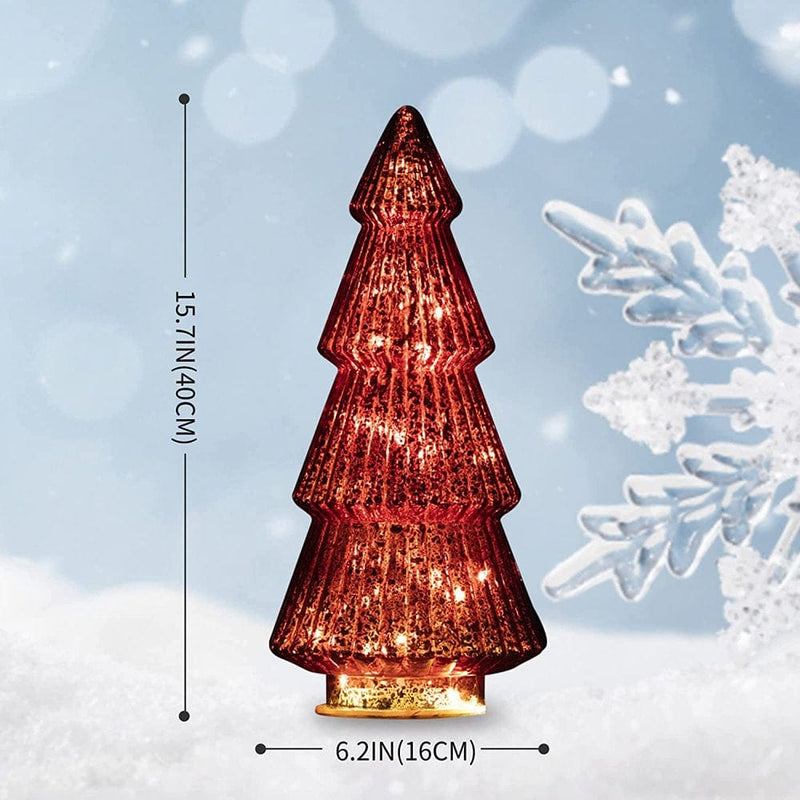 2PCS Christmas Ornaments Set Tower Shaped Glass Xmas Tree with LED Lights, Four Storey Classical Glass Tower Tree for Home Table Decor, Festive Gift, Christmas Decoration 15In  WM-008-Red   