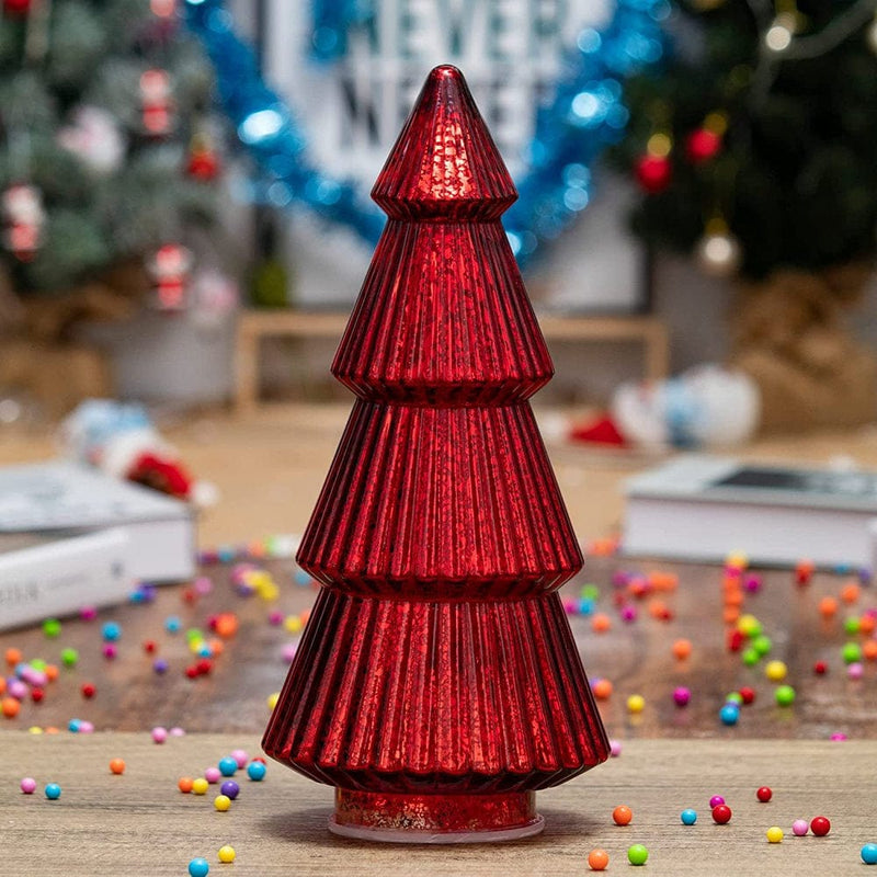 2PCS Christmas Ornaments Set Tower Shaped Glass Xmas Tree with LED Lights, Four Storey Classical Glass Tower Tree for Home Table Decor, Festive Gift, Christmas Decoration 15In  WM-008-Red   
