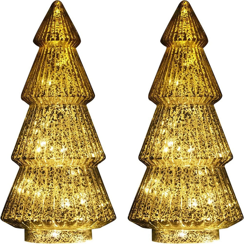 2PCS Christmas Ornaments Set Tower Shaped Glass Xmas Tree with LED Lights, Four Storey Classical Glass Tower Tree for Home Table Decor, Festive Gift, Christmas Decoration 15In  WM-008-Red Gold  