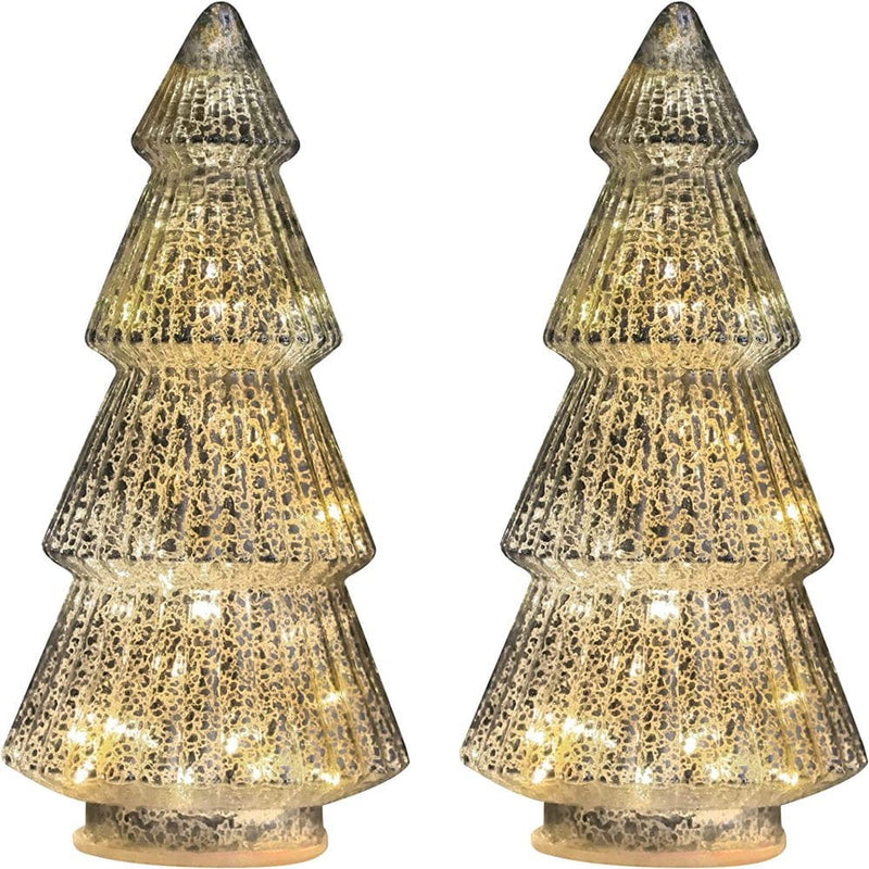2PCS Christmas Ornaments Set Tower Shaped Glass Xmas Tree with LED Lights, Four Storey Classical Glass Tower Tree for Home Table Decor, Festive Gift, Christmas Decoration 15In  WM-008-Red Silver  