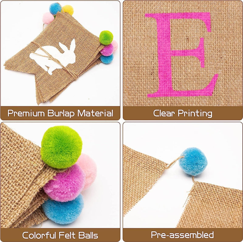 2Pcs Easter Banner Burlap Flag Felt Ball Garland Kit, with Pendants Pom for Centerpieces Easter Decorations Party Decor Fireplace Porch Wall Backdrops