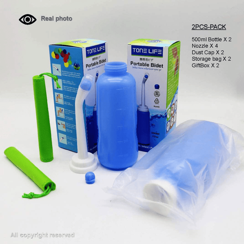 2PCS Portable Bidet Shower with 2 Nozzle+Extended Pipe - 500Ml 17Oz Travel Bidet Bottle for Travel-Personal Cleansing Toilet Bidet Sprayer-Peri Bottle for Postpartum Perineal Care-Hemorrhoid Treatment