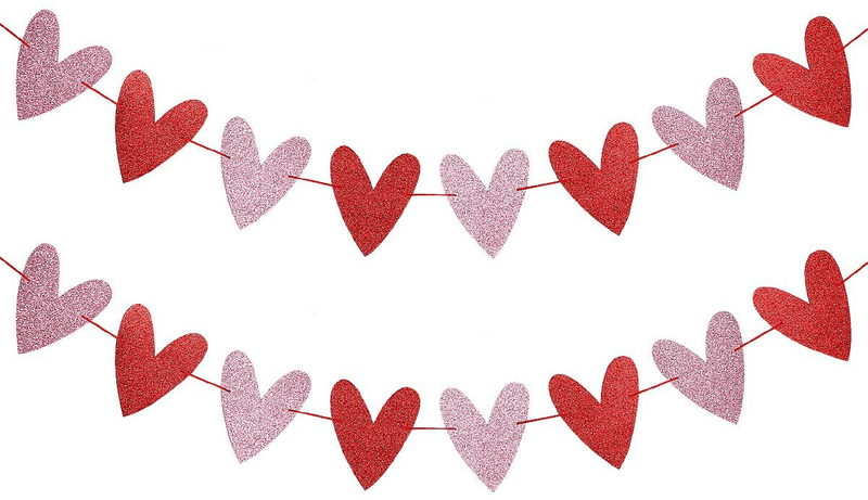 2Pcs Red & Pink Glittery Heart Garland Banner for Valentines Day Decorations,Wedding Engagement Bachelorette Party Home Indoor Valentine'S Day Decor