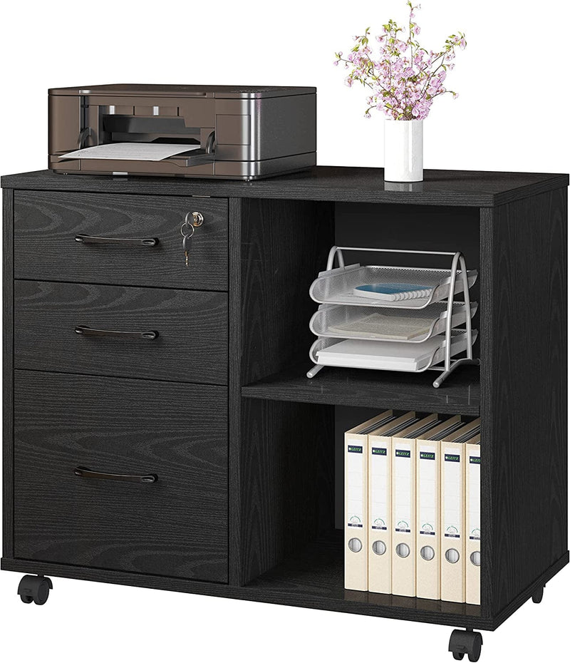 3 Drawer Office File Cabinets, Mobile Lateral Printer Stand with Open Storage Shelf, Rolling Filing Cabinet with Wheels Home Office Organization and Storage (Black Style2) Home & Garden > Household Supplies > Storage & Organization Panana Black Style2  