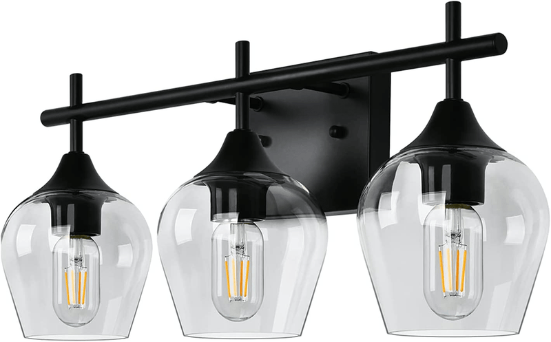 3 Light Farmhouse Bathroom Vanity Light Fixtures Black - over Mirror Modern Industrial Vintage Wall Sconce Lighting Indoor Wall Mount Lamp with Clear Glass Shade,Hardwired,Matte Black