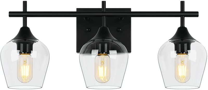 3 Light Farmhouse Bathroom Vanity Light Fixtures Black - over Mirror Modern Industrial Vintage Wall Sconce Lighting Indoor Wall Mount Lamp with Clear Glass Shade,Hardwired,Matte Black