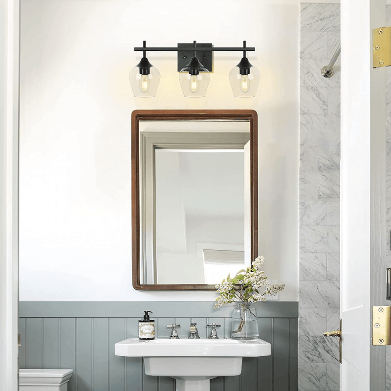 3 Light Farmhouse Bathroom Vanity Light Fixtures Black - over Mirror Modern Industrial Vintage Wall Sconce Lighting Indoor Wall Mount Lamp with Clear Glass Shade,Hardwired,Matte Black Home & Garden > Lighting > Lighting Fixtures > Wall Light Fixtures KOL DEALS   