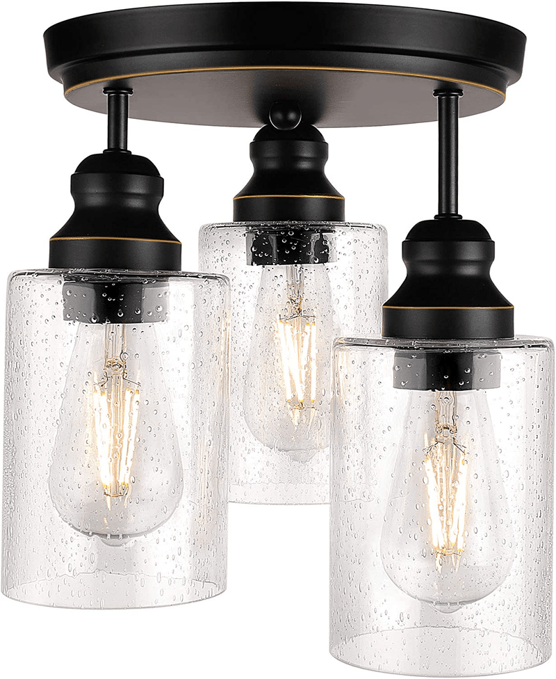 3-Light Industrial Semi Flush Mount Ceiling Light, Vintage Light Fixture with Clear Seeded Glass Shade, Ceiling Lighting for Entryway, Hallway, Living Room and Bedroom, Bulb Not Included