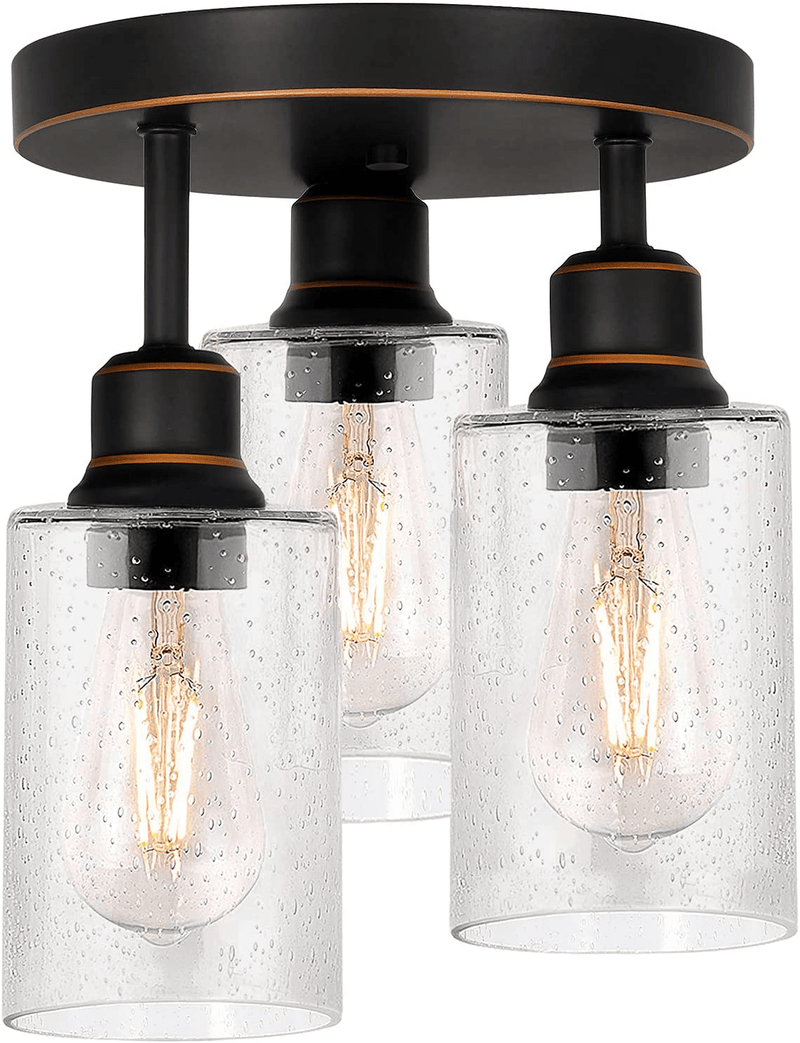 3-Light Semi Flush Mount Ceiling Light, 9 inch Vintage Oil Rubbed Bronze Lighting Fixtures with Seeded Glass Shades for Kitchen, Entrance Way and Hallway, ETL Listed Home & Garden > Lighting > Lighting Fixtures > Ceiling Light Fixtures hykolity 9inch  